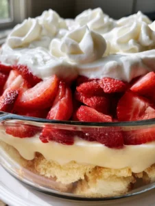 Nahaufnahme der Schichten des Erdbeer-Bananenpudding-Kuchens: goldener Biskuit, Bananenpudding und frische Erdbeeren.