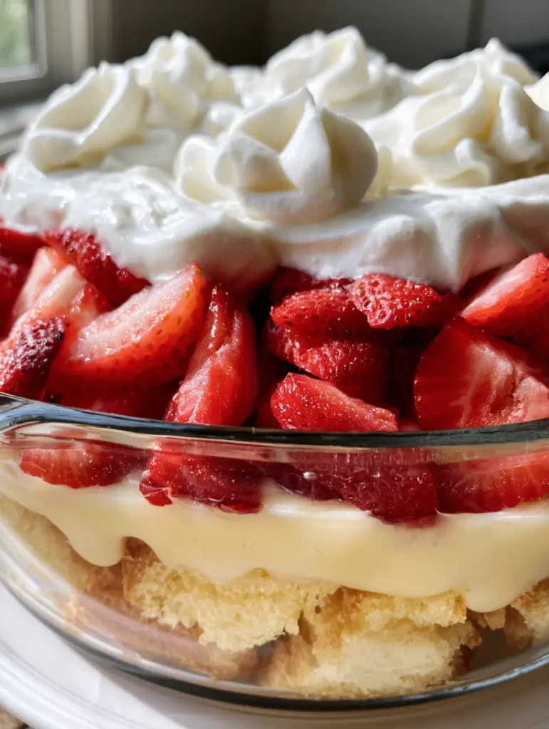 Erdbeer-Bananenpudding-Kuchen: Das cremigste Schichtdessert des Sommers 1 Frische Erdbeerscheiben unter einer Schicht aus weißer Schlagsahne im Erdbeer-Bananenpudding-Kuchen.