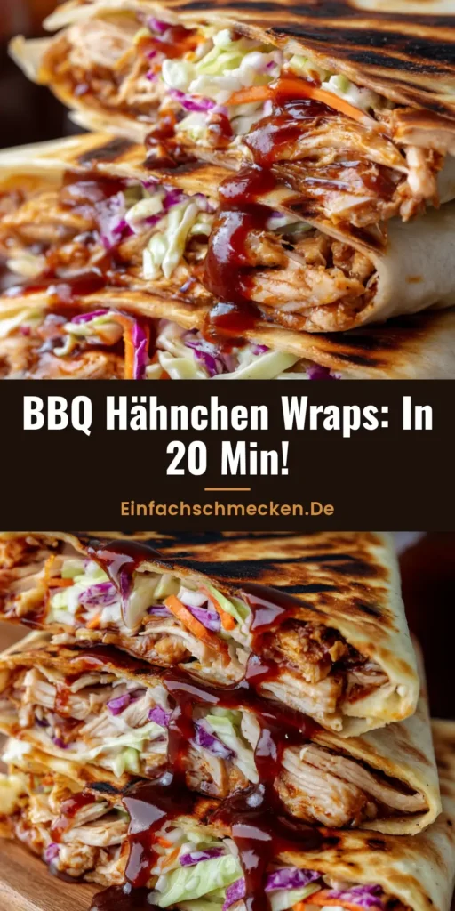 Zwei halbierte BBQ Hähnchen Wraps auf einem Holzbrett gestapelt, gefüllt mit glänzendem BBQ-Hähnchen und buntem Coleslaw.