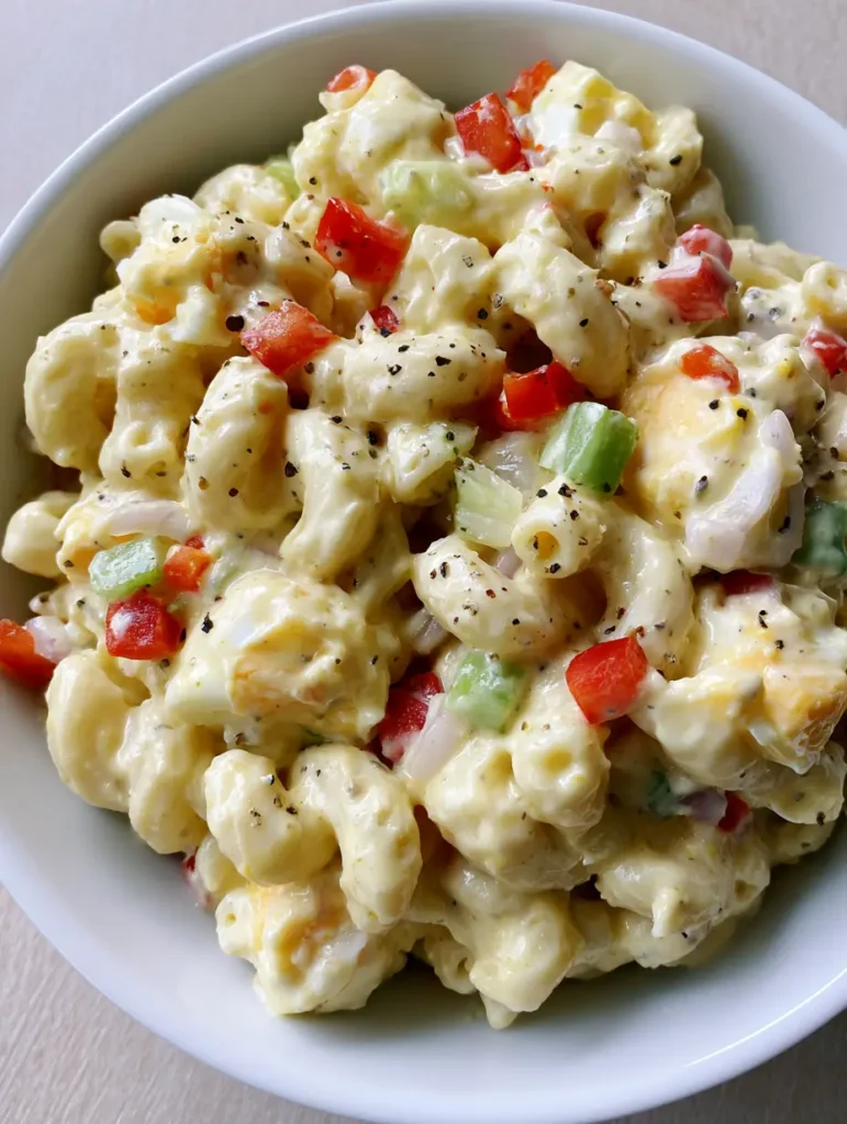 Nahaufnahme von Amish Nudelsalat mit dicker gelblicher Sauce, Selleriesamen und Pfeffer auf Holzgrund.