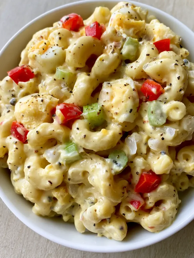 Frischer Amish Nudelsalat mit knackigem Sellerie und leuchtend roter Paprika in einer Keramikschüssel.