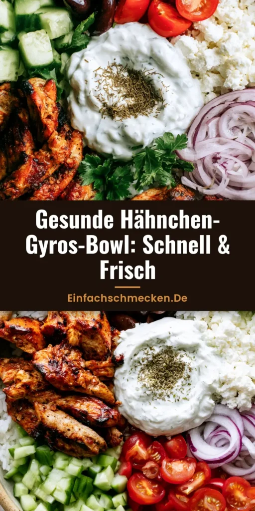 Draufsicht auf eine bunte Hähnchen-Gyros-Bowl mit gegrilltem Hähnchen, Reis, Tomaten, Gurken und Tzatziki.