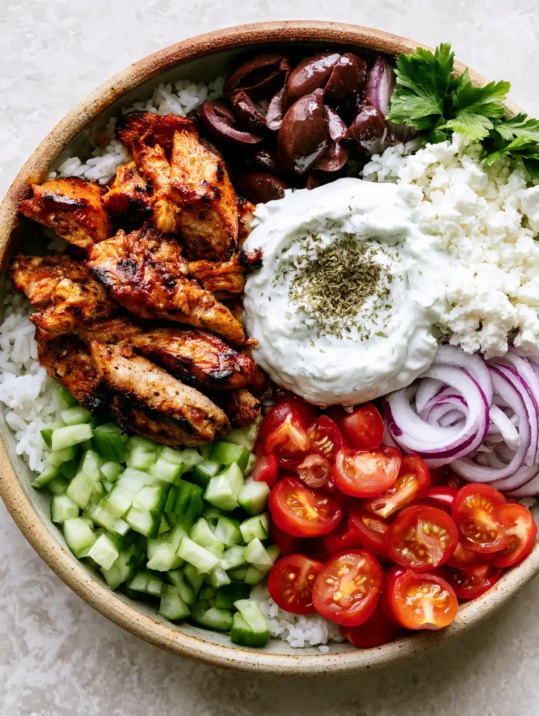 Nahaufnahme einer mediterranen Hähnchen-Gyros-Bowl mit saftigem Fleisch und frischem Gemüse in einer Keramikschüssel.