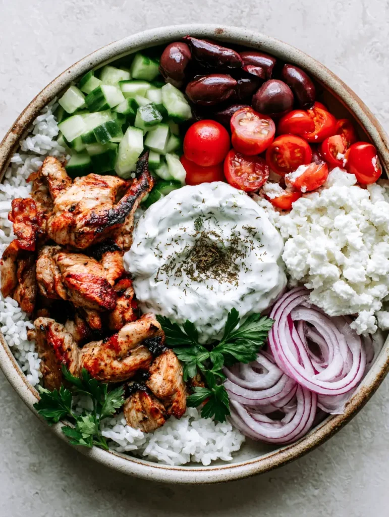 Hähnchen-Gyros-Bowl serviert auf einem Steinhintergrund mit Fokus auf das cremige Tzatziki und die Oliven.