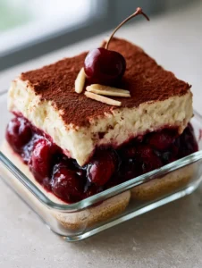 Nahaufnahme der Seitenansicht eines Kirsch-Amaretto-Tiramisu mit dunkler Kirschschicht und elfenbeinfarbener Mascarpone-Creme.