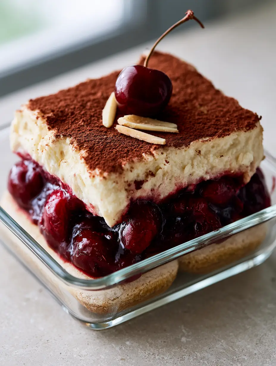Nahaufnahme der Seitenansicht eines Kirsch-Amaretto-Tiramisu mit dunkler Kirschschicht und elfenbeinfarbener Mascarpone-Creme.