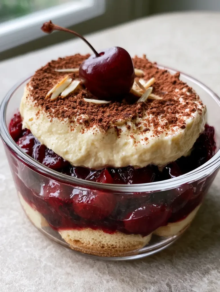Detailaufnahme der Oberfläche des Kirsch-Amaretto-Tiramisu mit Kakaopulver, einer Kirsche mit Stiel und Mandelstiften.