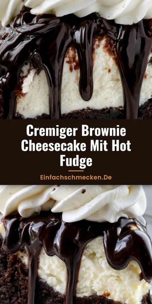 Ein dickes Stück Brownie Cheesecake mit glänzender Hot Fudge Sauce und Sahnetupfen auf einem weißen Teller.