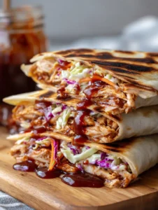 Nahaufnahme von BBQ Hähnchen Wraps mit dunklen Grillstreifen auf der Tortilla und reichhaltiger BBQ-Sauce.