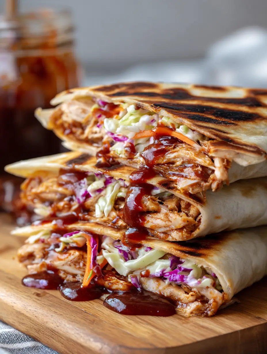 Nahaufnahme von BBQ Hähnchen Wraps mit dunklen Grillstreifen auf der Tortilla und reichhaltiger BBQ-Sauce.