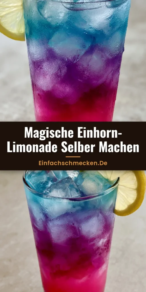 Ein hohes Glas mit dreifarbiger Einhorn-Limonade in Pink, Lila und Blau, serviert mit quadratischen Eiswürfeln, einer Zitronenscheibe und einem gestreiften Strohhalm.