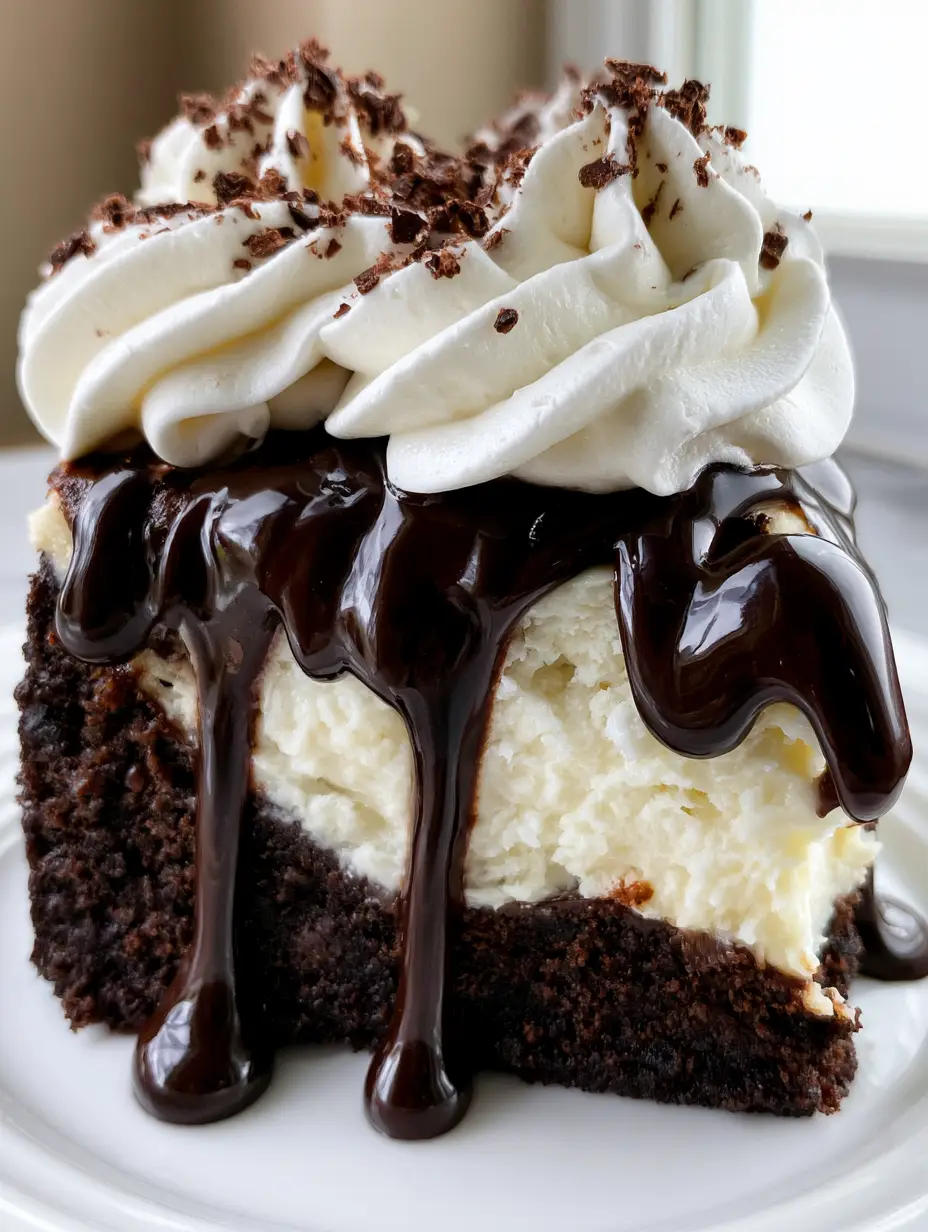 Nahaufnahme eines Brownie Cheesecakes mit dichter Schokoladenbasis und cremiger Käseschicht.