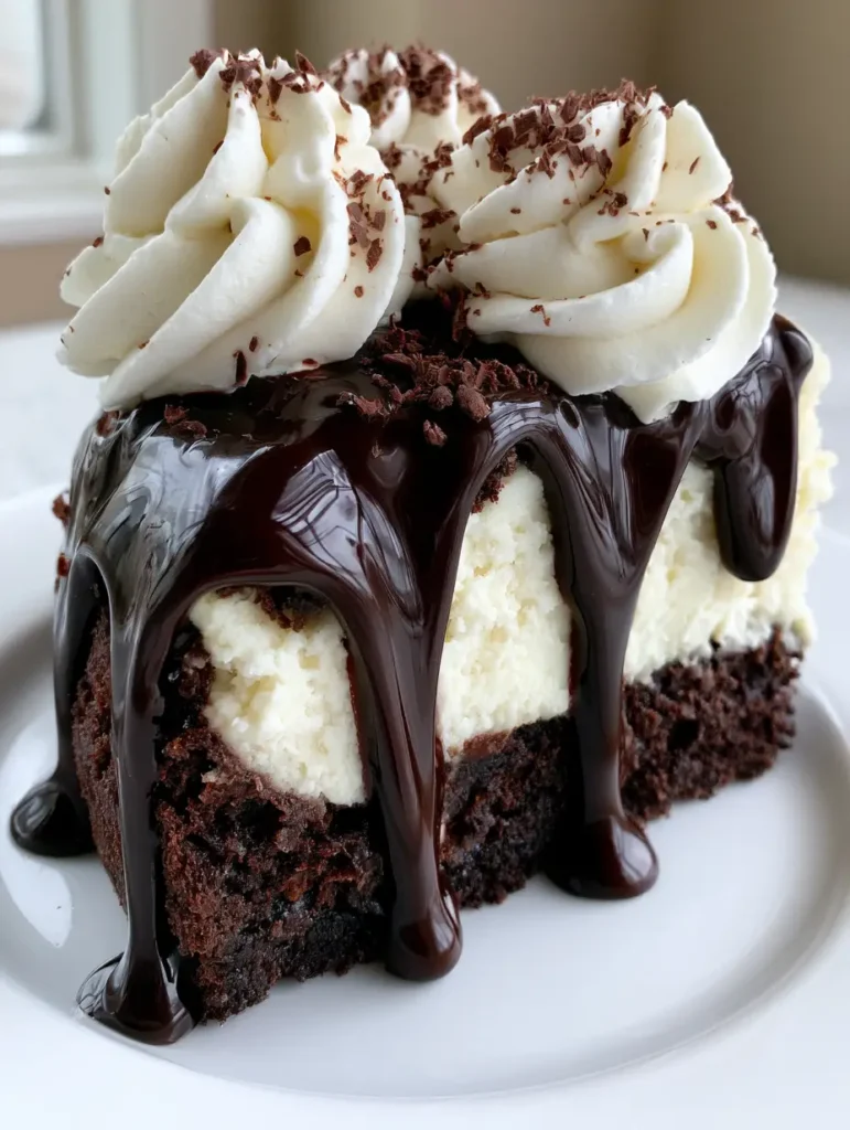 Ein angeschnittenes Stück Brownie Cheesecake, bei dem die Hot Fudge Sauce an der Seite herunterläuft.