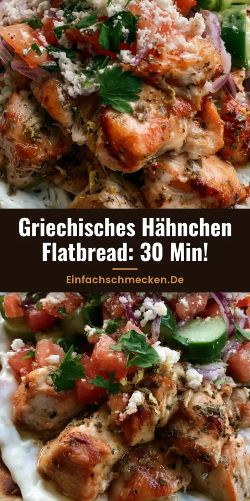 Nahaufnahme eines Griechischen Hähnchen Flatbreads in der Hand gehalten, belegt mit saftigem Hähnchen, Tzatziki, Tomaten und Feta.