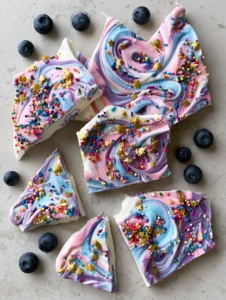 Nahaufnahme von gefrorener Einhorn Joghurt Bark mit cremiger Textur, Regenbogenstreuseln und goldenen Sternen.