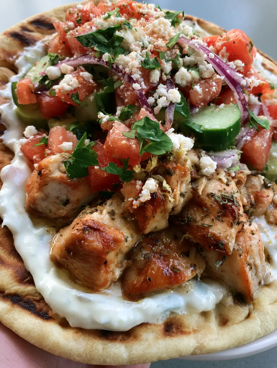 Ein appetitliches Griechisches Hähnchen Flatbread mit golden geröstetem Pita und frischen Kräutern.