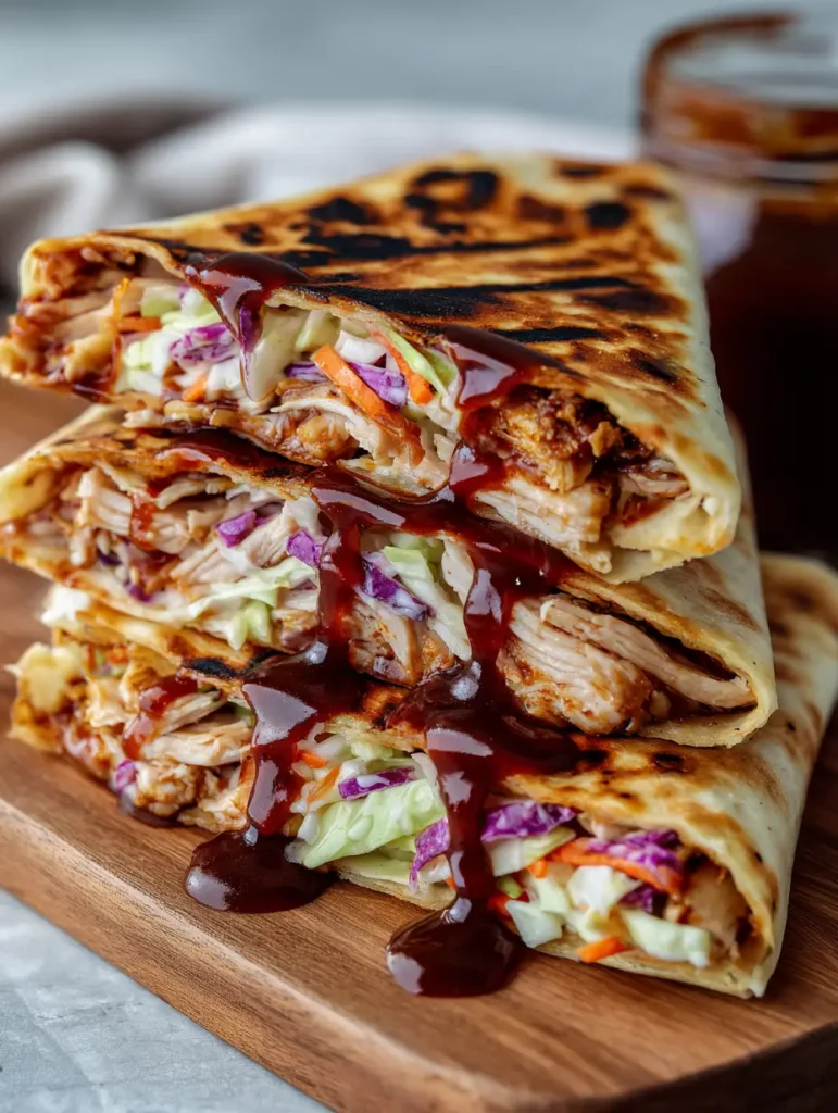 Frisch zubereitete BBQ Hähnchen Wraps auf einem rustikalen Holzbrett mit Blick auf die saftige Füllung.