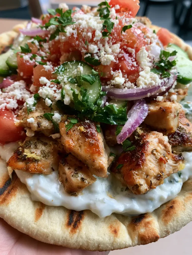 Zitronen-Oregano Hähnchen auf cremigem Tzatziki, garniert mit roten Zwiebeln und Feta.