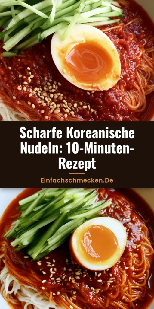 Bibim Guksu Rezept: Koreanische scharfe Nudeln in 15 Minuten 4 Ein weißer Keramiknapf mit Bibim Guksu, überzogen mit glänzender roter Gochujang-Sauce, garniert mit Gurken und einem weichen Ei. (Bibim Guksu Rezept)