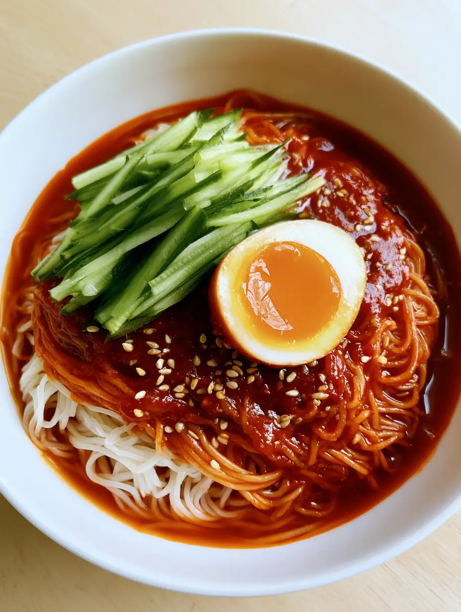 Bibim Guksu Rezept: Koreanische scharfe Nudeln in 15 Minuten 3 Nahaufnahme von koreanischen kalten Nudeln in roter Sauce mit Sesam und Gurken. (Bibim Guksu Rezept)