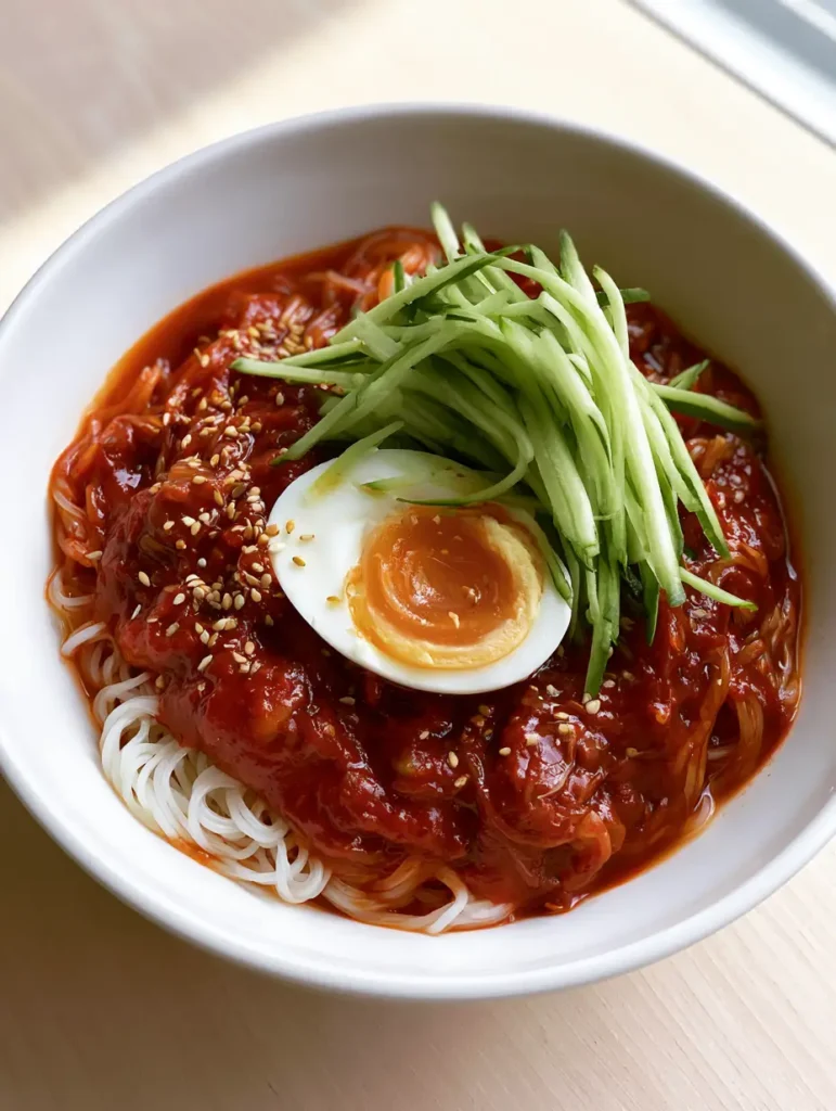 Bibim Guksu Rezept: Koreanische scharfe Nudeln in 15 Minuten 1 Servierfertiges Bibim Guksu Rezept in einer Schüssel auf einem Holztisch.