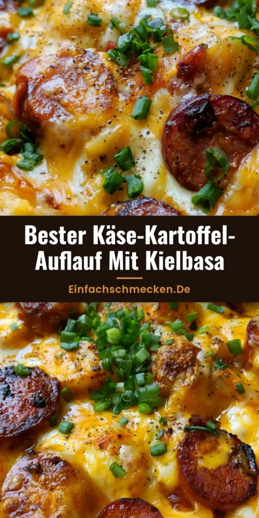 Kartoffel-Auflauf mit Kielbasa: Das ultimative Comfort Food mit Käse-Kruste 4 Draufsicht auf einen Kartoffel-Auflauf mit Kielbasa, geschmolzenem Käse und Frühlingszwiebeln in einer weißen Form.