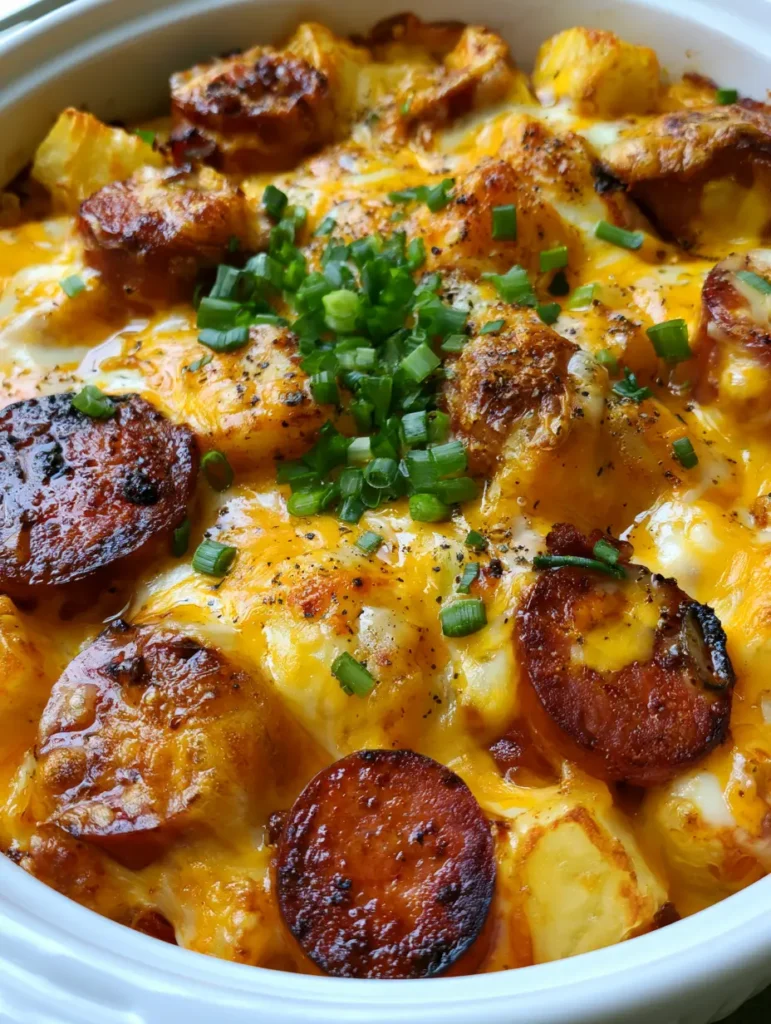 Nahaufnahme von geschmolzenem Cheddar und Mozzarella auf Kartoffeln und Wurstscheiben.