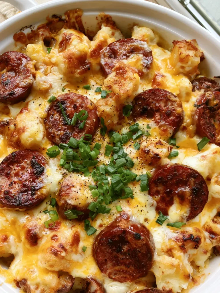 Kartoffel-Auflauf mit Kielbasa: Das ultimative Comfort Food mit Käse-Kruste 1 Kartoffel-Auflauf mit Kielbasa in einer weißen Auflaufform, garniert mit grünem Pfeffer und Zwiebeln.
