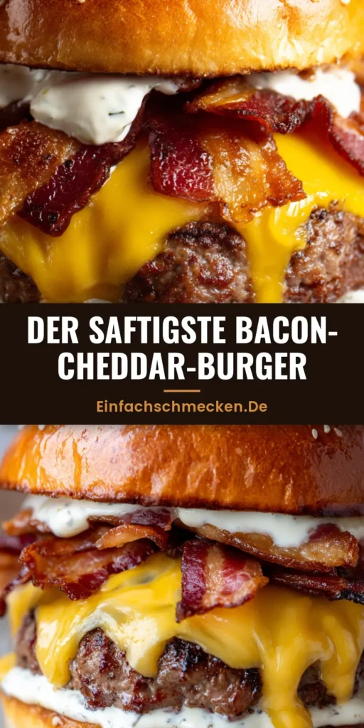 Nahaufnahme eines Bacon-Cheddar-Burgers auf einem Brioche-Brötchen mit geschmolzenem Käse und knusprigem Speck.