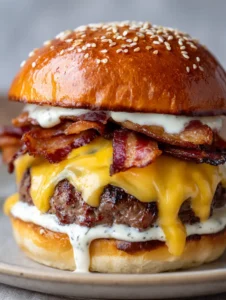 Saftiger Bacon-Cheddar-Burger mit Sear Marks auf dem Fleisch und verlaufenem gelbem Käse.