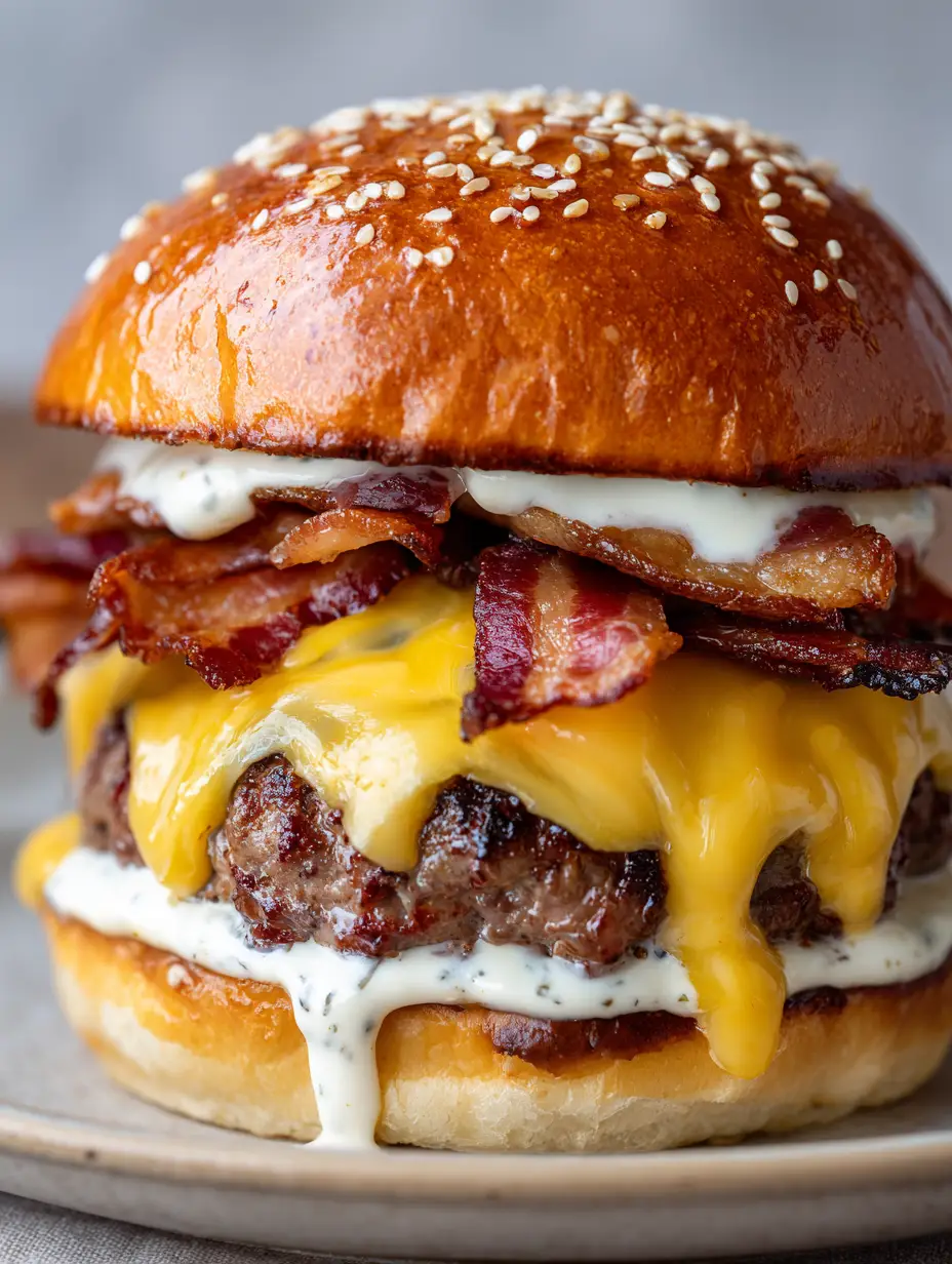 Saftiger Bacon-Cheddar-Burger mit Sear Marks auf dem Fleisch und verlaufenem gelbem Käse.