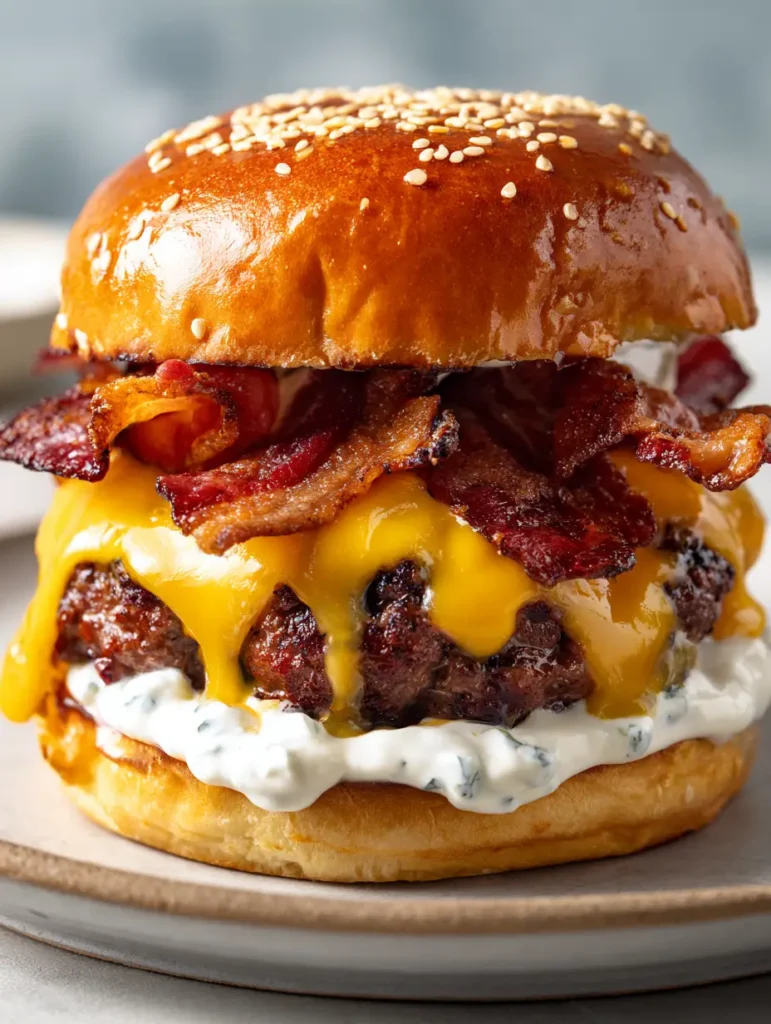 Gourmet Bacon-Cheddar-Burger mit Sesam-Bun und cremiger Ranch-Sauce.