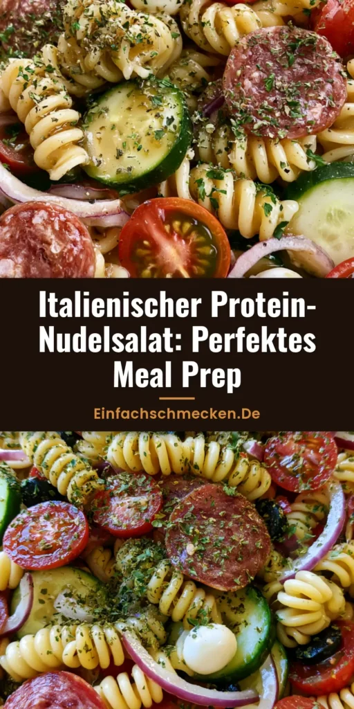 Ein farbenfroher Protein-Nudelsalat in einer Glasschüssel mit Rotini, Salami, Mozzarella und frischen Kräutern.