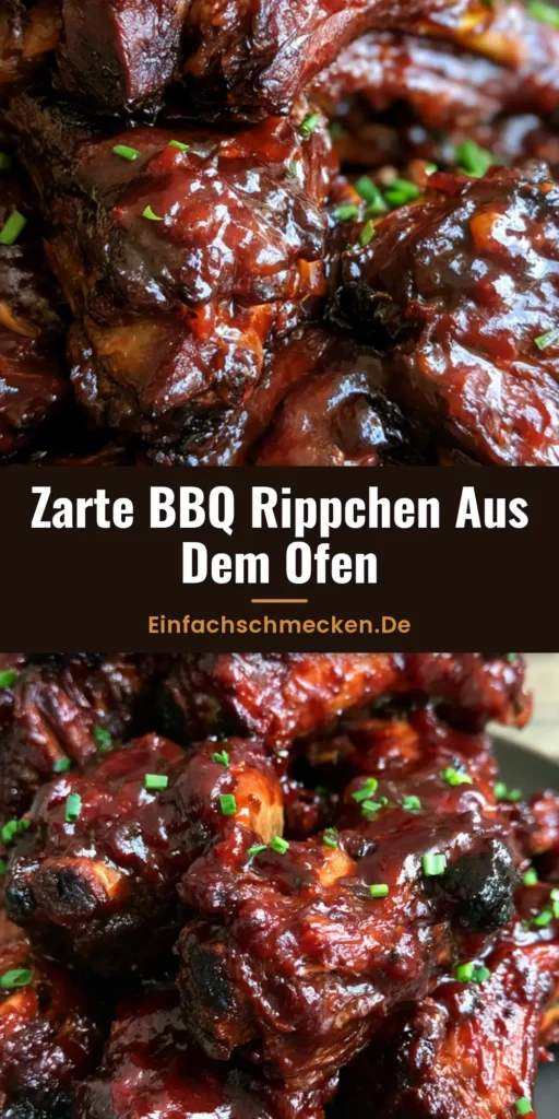 Zarte Schweinerippchen aus dem Ofen mit einer glänzenden dunkelroten BBQ-Glasur und frischem Schnittlauch auf einem dunklen Teller.