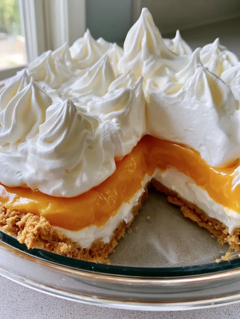 Nahaufnahme einer Schicht des Orangen-Creamsicle-Pie mit Keksboden und cremiger Füllung.