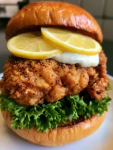 Nahaufnahme eines knusprigen Zitronen-Pfeffer Chicken Sandwich mit frischem Salat und Aioli.