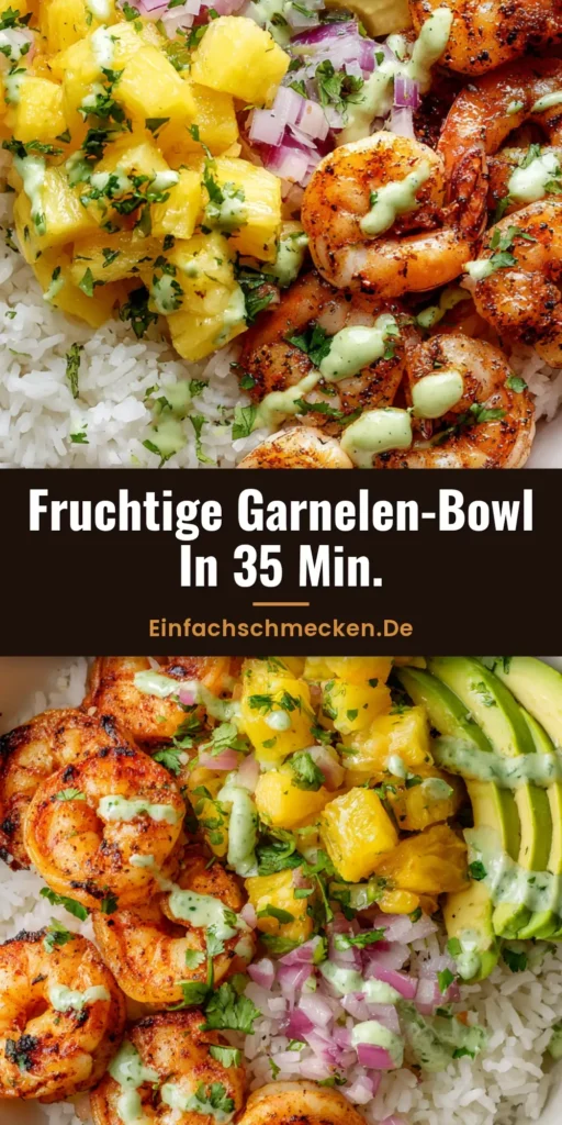 Garnelen-Reis-Bowl mit fruchtiger Ananas-Salsa & Avocado-Crema 4 Draufsicht auf eine Garnelen-Reis-Bowl in einer weißen Schüssel mit Ananas-Salsa und Avocado-Crema.