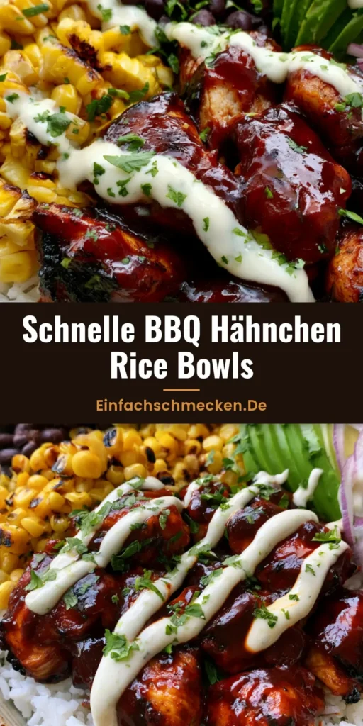 Draufsicht auf eine BBQ Hähnchen Rice Bowl mit glasiertem Hähnchen, Avocado, Mais und weißer Limetten-Sauce.