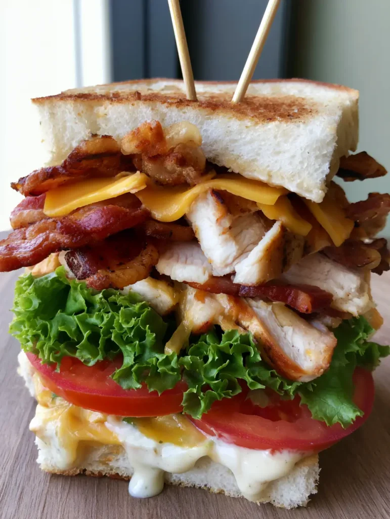 Zwei Hälften eines fertig zubereiteten Chicken Club Sandwich Rezept, fixiert mit Holzspießen.