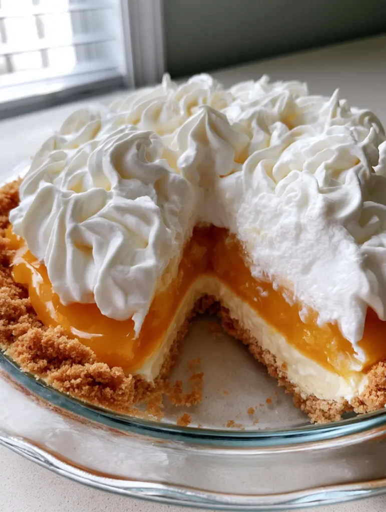 Ein angeschnittenes Stück Orangen-Creamsicle-Pie zeigt die fluffige Textur.
