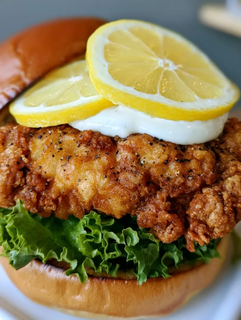 Gourmet Zitronen-Pfeffer Chicken Sandwich mit Aioli und Petersilie serviert auf einem Brioche-Brötchen.