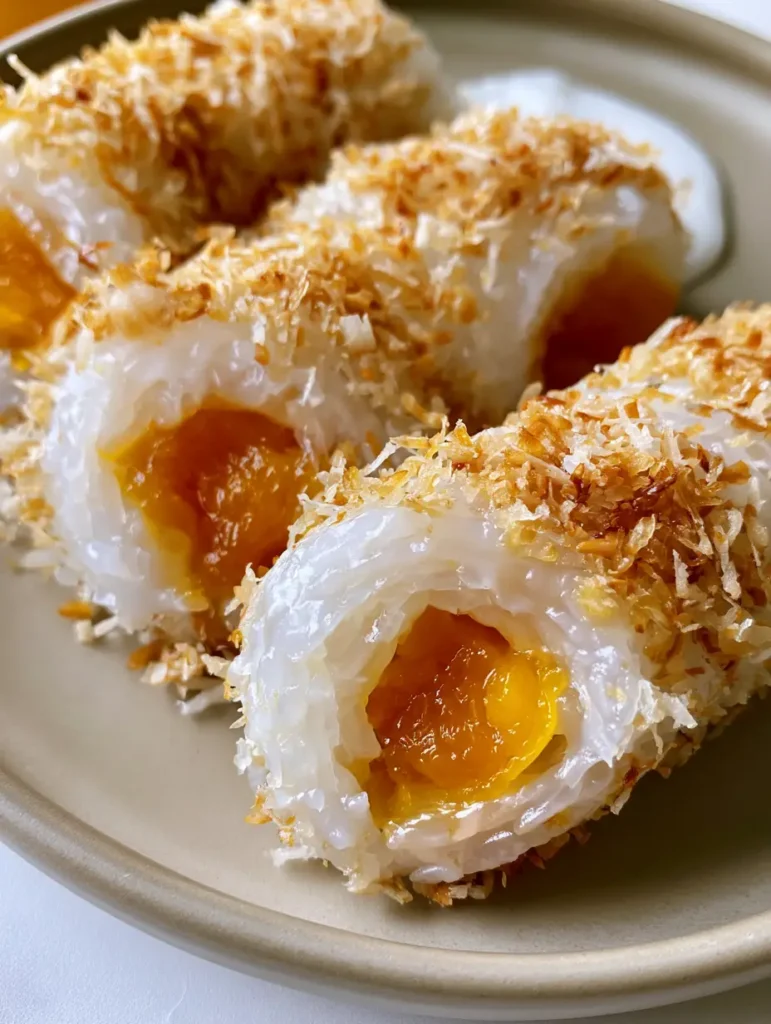 Frisch zubereitete Mango Sticky Rice Rolls, angerichtet auf einer Keramikplatte mit Kokos-Drizzle.