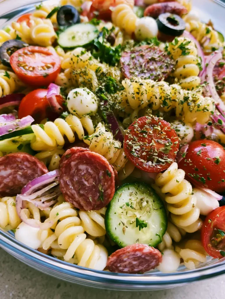 Protein-Nudelsalat mit Rotini-Pasta, schwarzen Oliven und roten Zwiebeln in einem hellen Kräuterdressing.