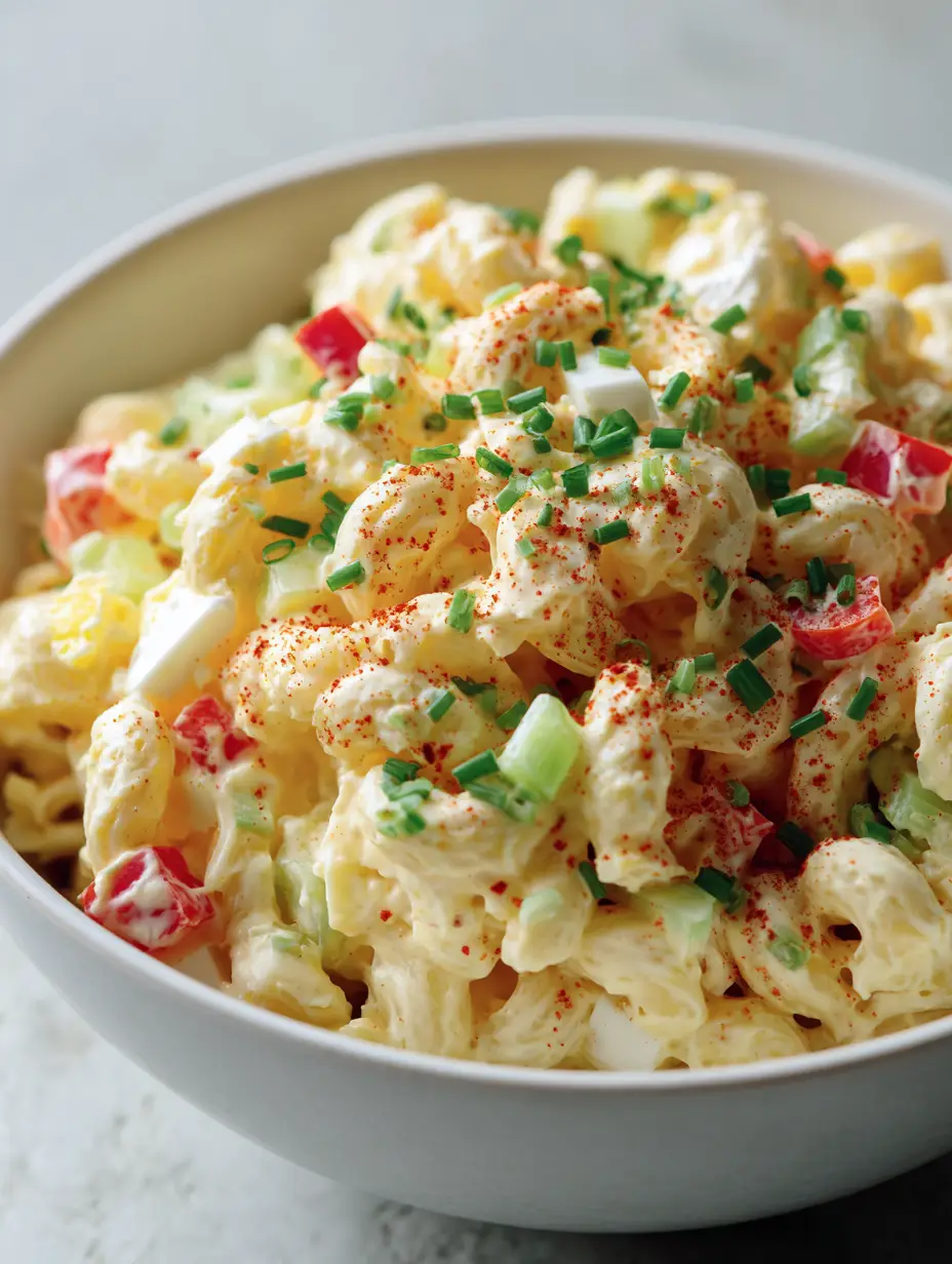 Nahaufnahme von cremiger Pasta mit gelbem Dressing, Paprika und Eiern – Cremiger Nudelsalat.