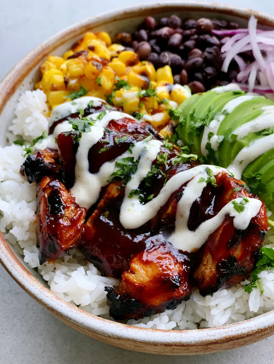 Nahaufnahme einer rustikalen Bowl mit BBQ Hähnchen, schwarzen Bohnen, Mais und cremiger Sauce.