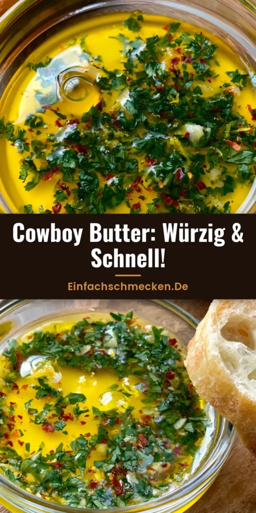 Nahaufnahme von Cowboy Butter Rezept in einer Glasschale mit frischen Kräutern und Baguette auf Holzbrett.