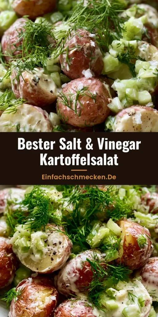 Nahaufnahme von Kartoffelsalat mit Essig, roten Babykartoffeln, frischem Dill und Staudensellerie in einer rustikalen Schüssel.