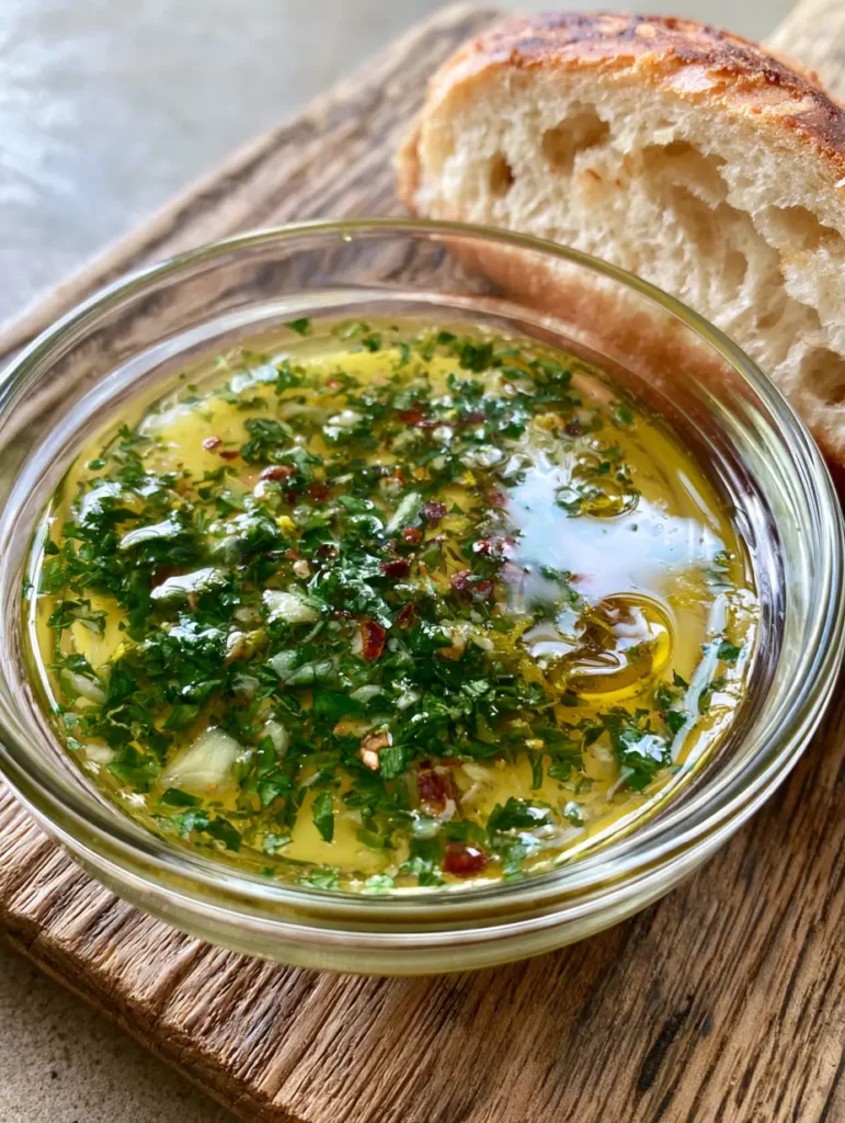 Ein Stück getoastetes Baguette wird in das Cowboy Butter Rezept eingetunkt.