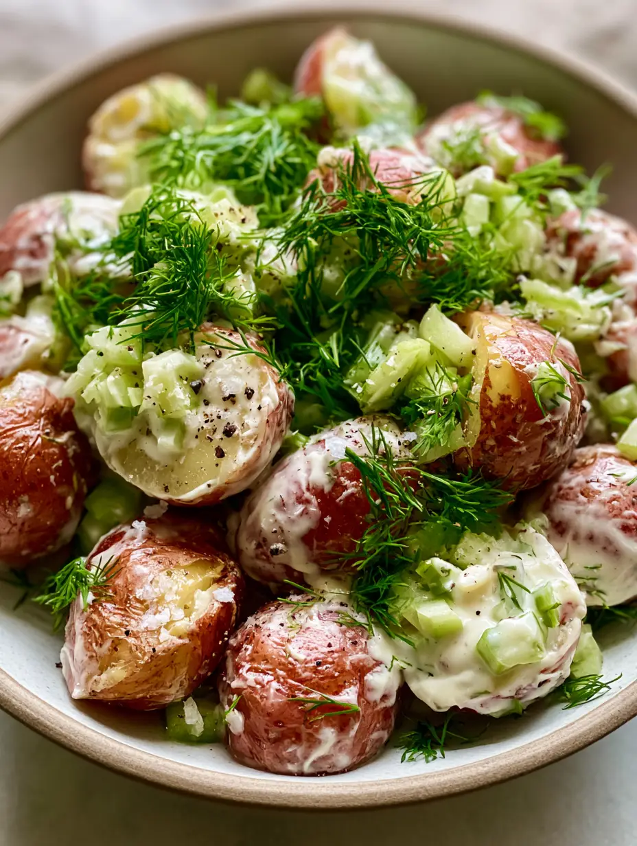 Halbierte rote Babykartoffeln in einem hellen, cremigen Dressing mit grünem Dill (Kartoffelsalat mit Essig).