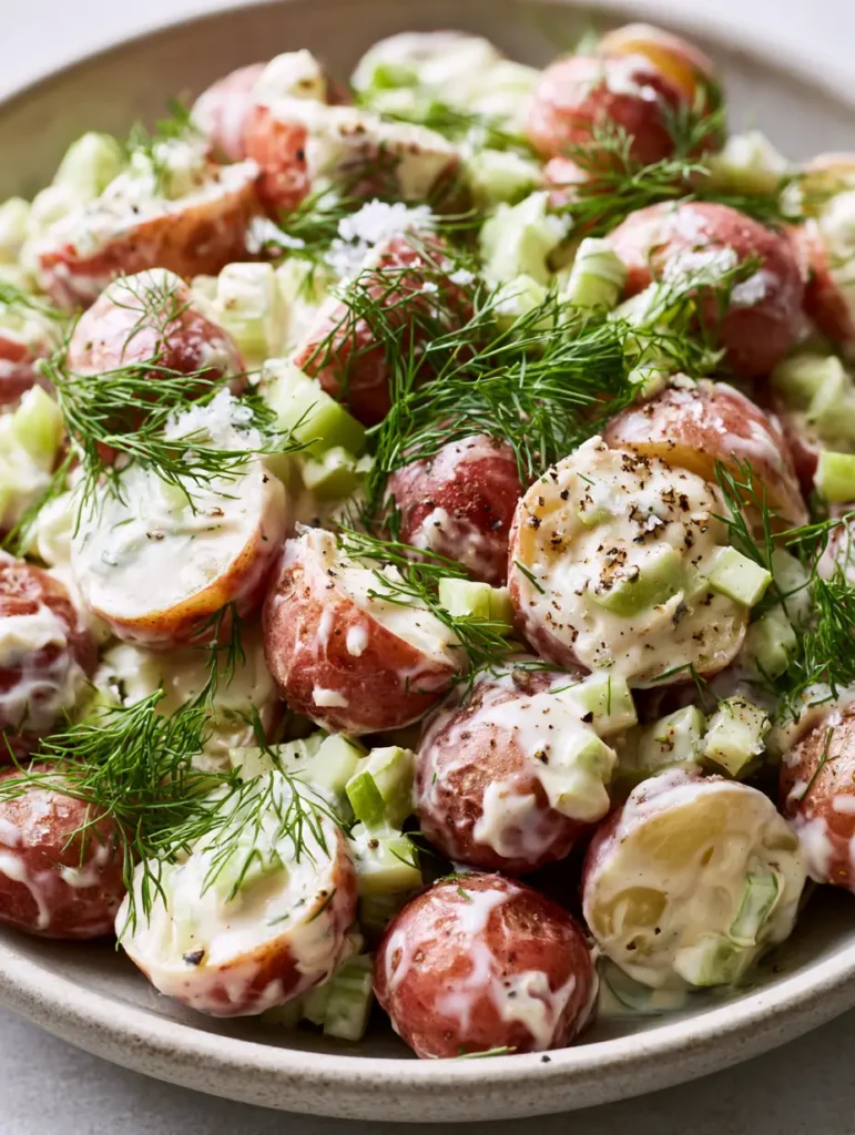 Draufsicht auf einen Kartoffelsalat mit Essig, bestreut mit Meersalz und schwarzem Pfeffer.